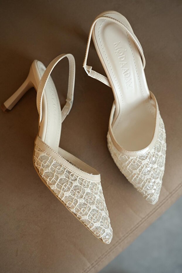 Kadın Lucco Pullu Dantelli Topuklu Ayakkabı - Ten - 2