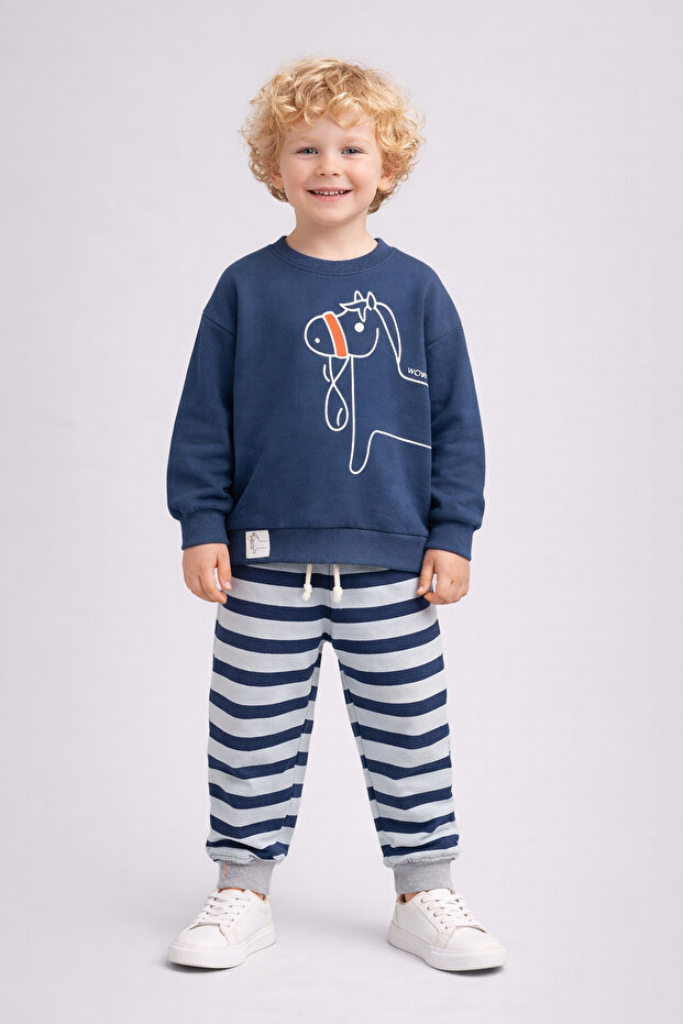 Boy's at Printed Striped Top and Bottom 2-Piece Tracksuit Set 2Iplik Transitional 1-2-3-4 Years Old