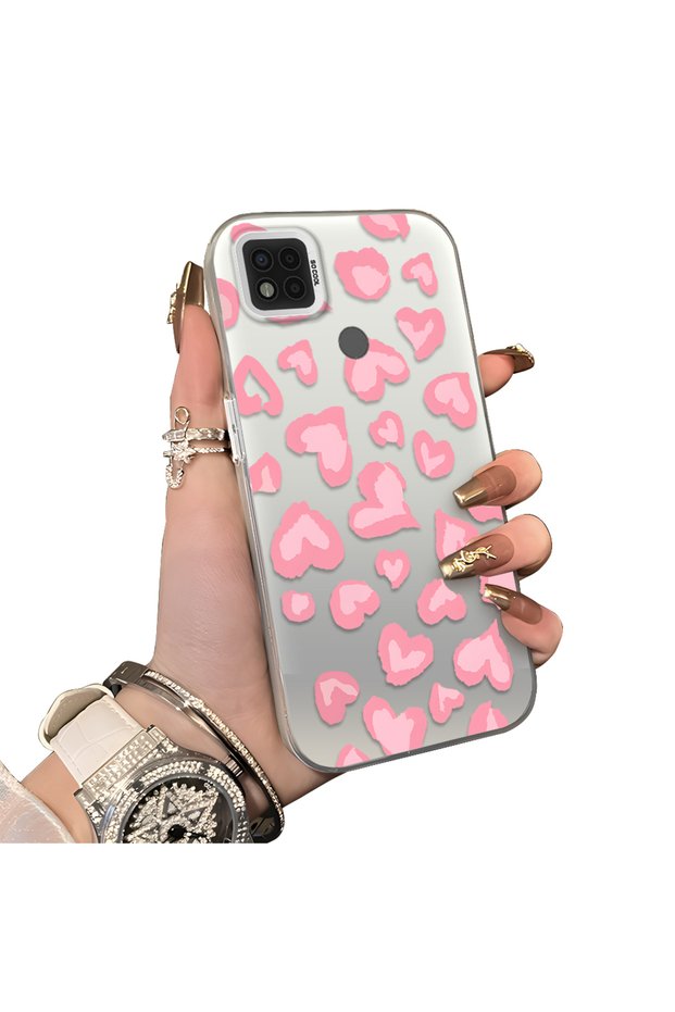 Poco C31 Compatible Hard Acrylic Back Silicone Edge Lens Protection Case Heart Pattern