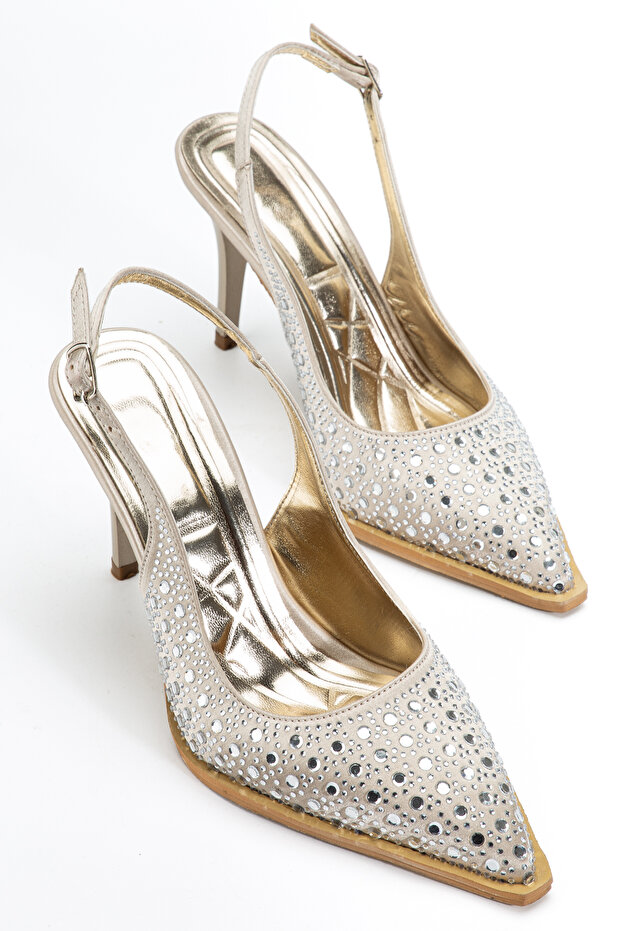 Women's Stone Detail Fabric Evening Stiletto Heeled Shoes