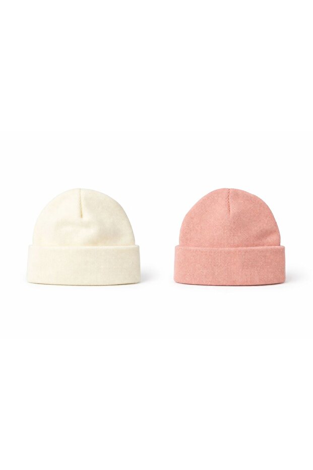 Girls' Cream and Powder Knitted Flat Beanie