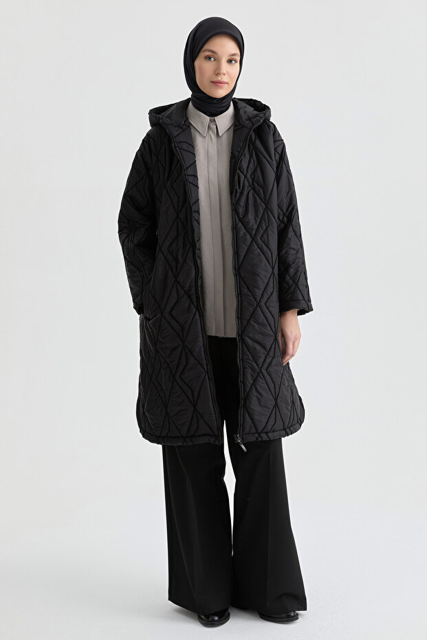 Kapüşonlu Kapitone Kaban - Siyah - 1