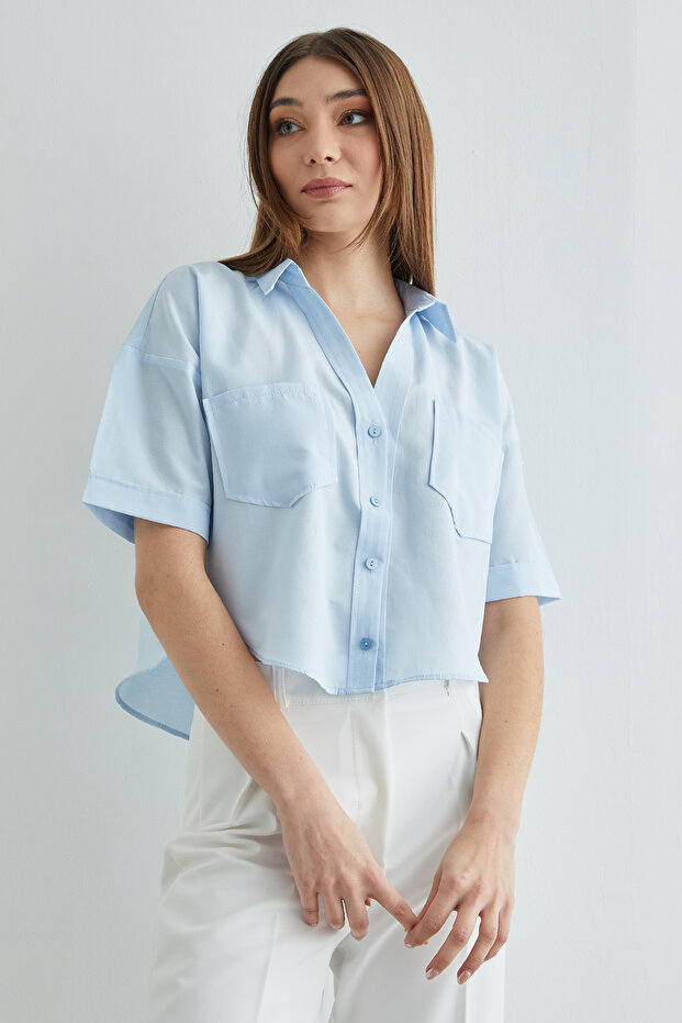 Çift Cepli Oversize Crop Gömlek - 4