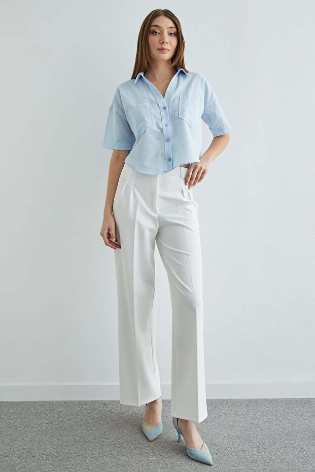 Çift Cepli Oversize Crop Gömlek - 3