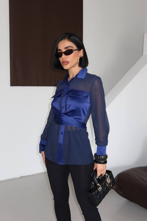 Women's Cobalt Chest Detailed Belted Tulle Shirt Yel221803