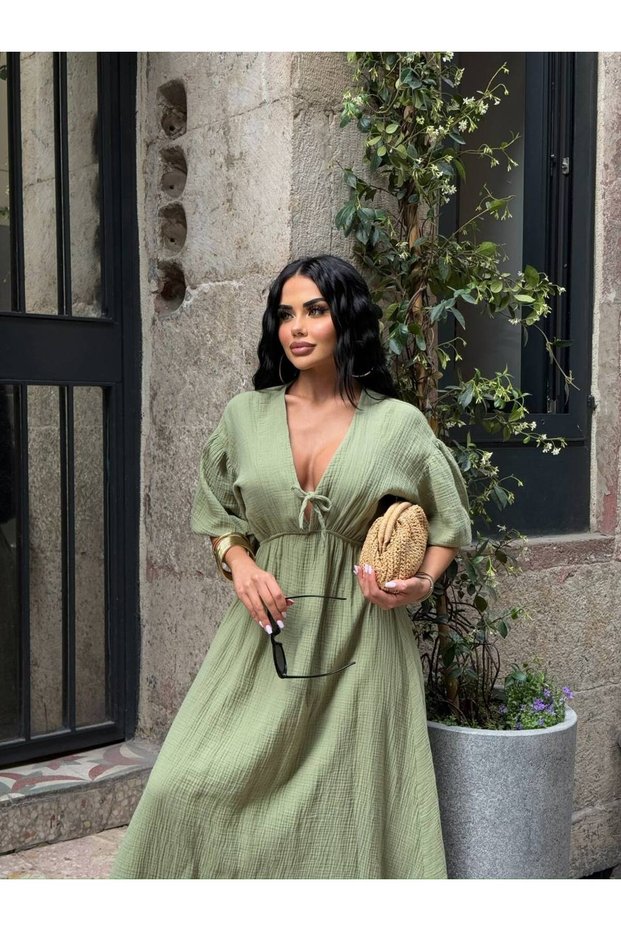 Women's Khaki Watermelon Sleeve V-Neck Muslin Midi Dress Yel221698