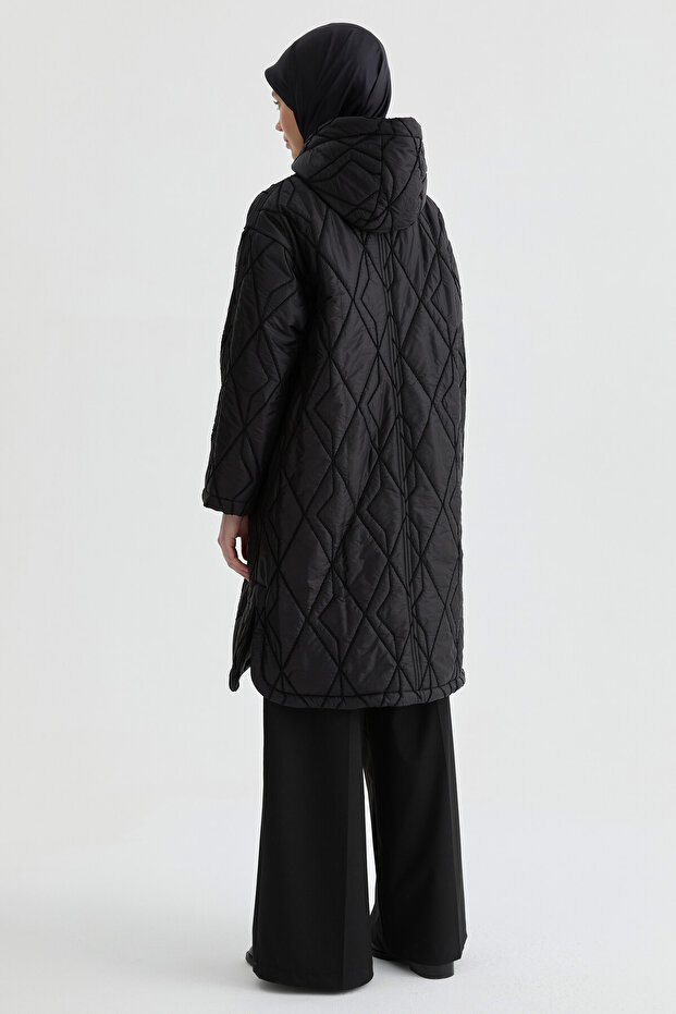 Kapüşonlu Kapitone Kaban - Siyah - 6
