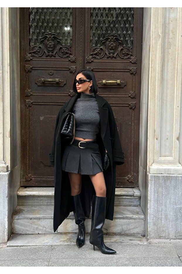 Women's Anthracite Pleated Mini Skirt with Shorts Yel221797