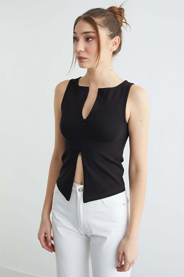 Basic Çift Fermuarlı Bluz - 3