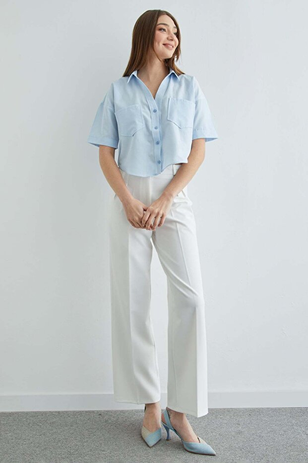 Çift Cepli Oversize Crop Gömlek - 6