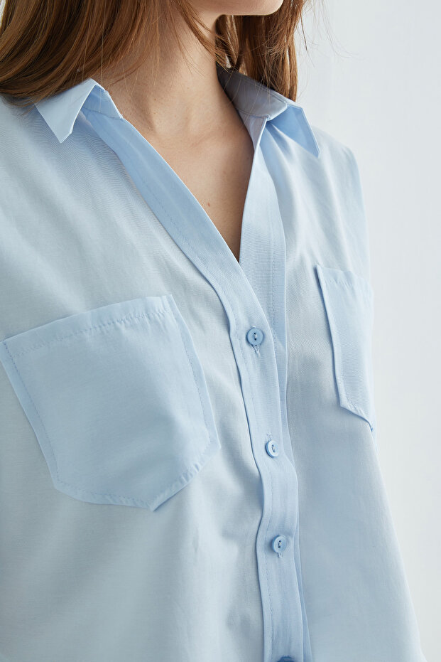 Çift Cepli Oversize Crop Gömlek - 7