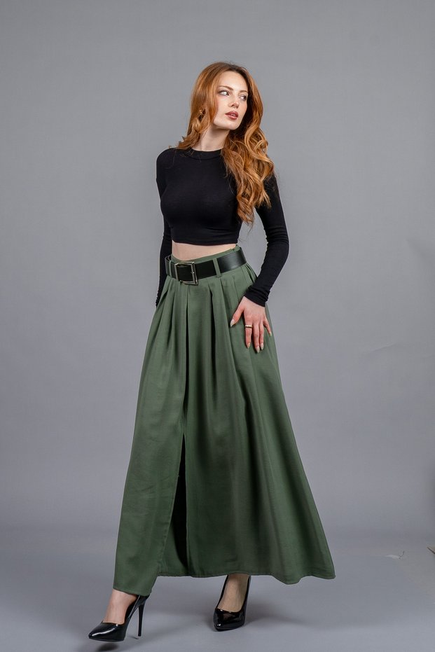 Women's Winter Khaki Belted Elastic Waist Maxi Long Skirt Stylish Daily Comfortable 6856