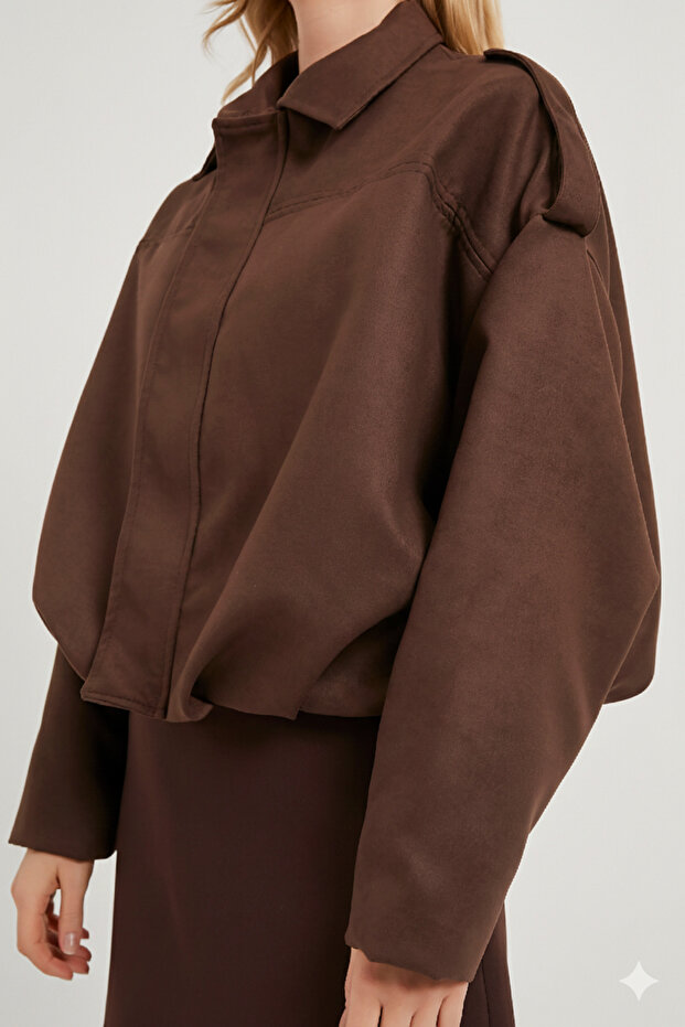 New Season Women's Brown Suede Effect Bomber Jacket – Oversized , Casual & Trendy Model