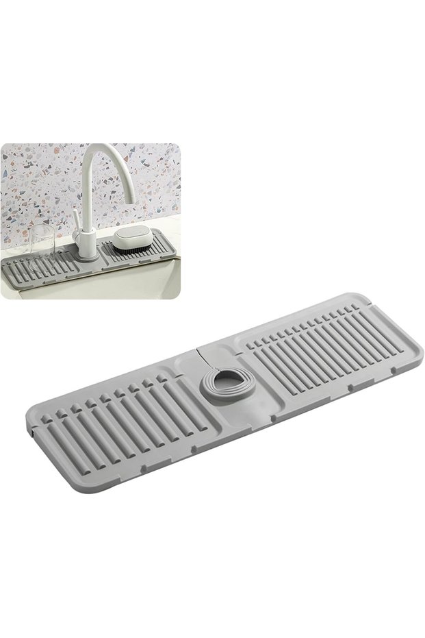 Silicone Faucet Splash Guard and Sink Mat,Rapid Drying Drainage Tray with Sponge Holder for Kitchen and Bathroom,Gray
