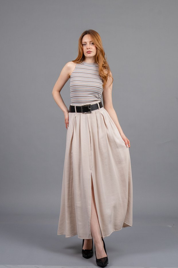 Women's Winter Stone Belted Elastic Waist Maxi Long Skirt Stylish Daily Comfortable 6856