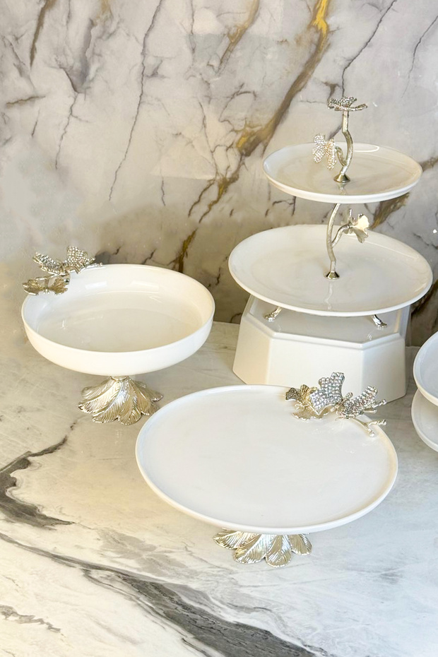 3-Piece Silver Diamond Butterfly Detailed Porcelain Presentation Set & Kura Piped K Bowl Plate Set