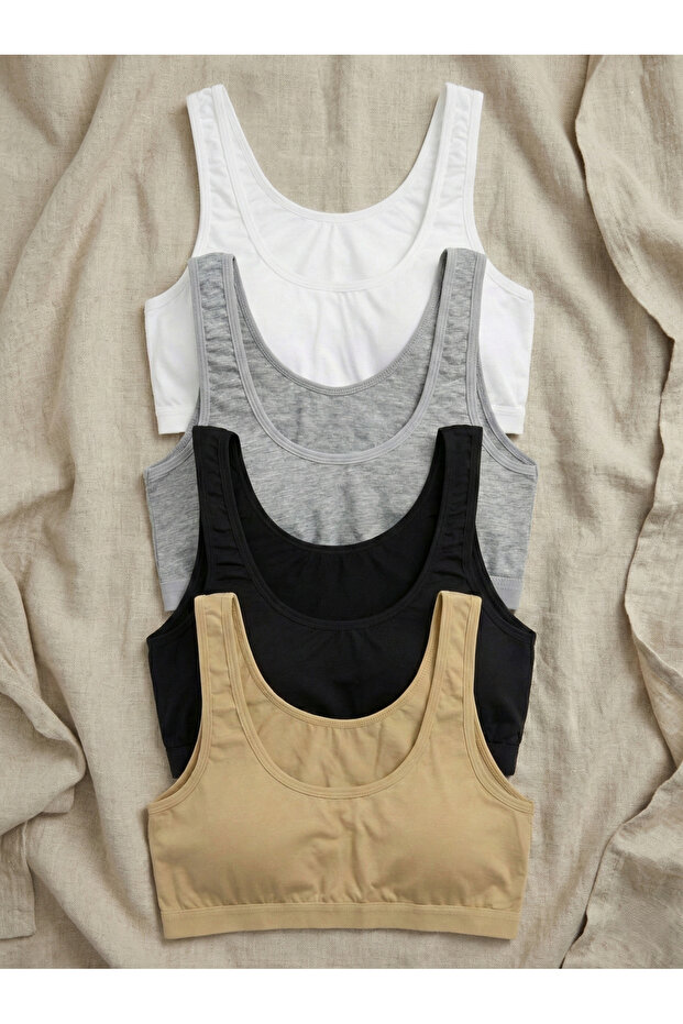 Economical 4-Piece Pack 95% Cotton Padded Bralette Set - "Like Nothing" Daily Comfort with Thick Straps