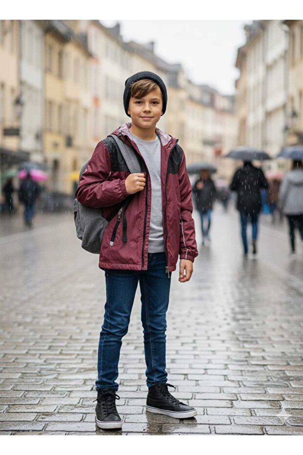 Burgundy Black Lettered Lined Hooded Zippered Children's Raincoat
