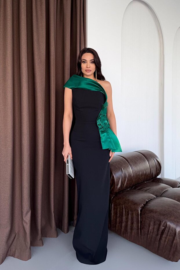 Green Striped One-Shoulder Evening Dress with Rose Detail