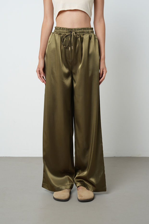 Women's Khaki Silky Satin Stretchy Straight Palazzo Pants