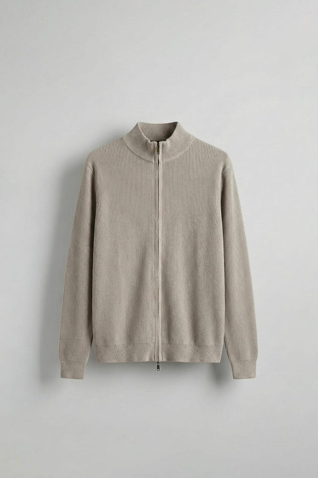 Men's Slim Fit Zippered Mock Neck Corded Fabric Knitwear Cardigan Stone Color
