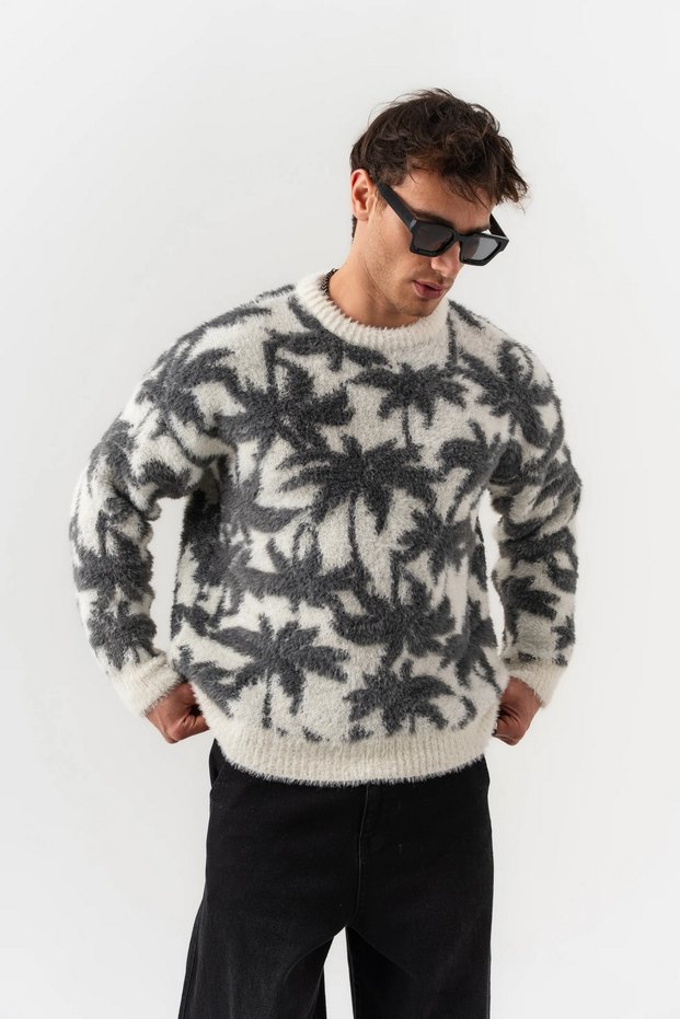 Palm Crew Neck Teddy Fabric Sweater