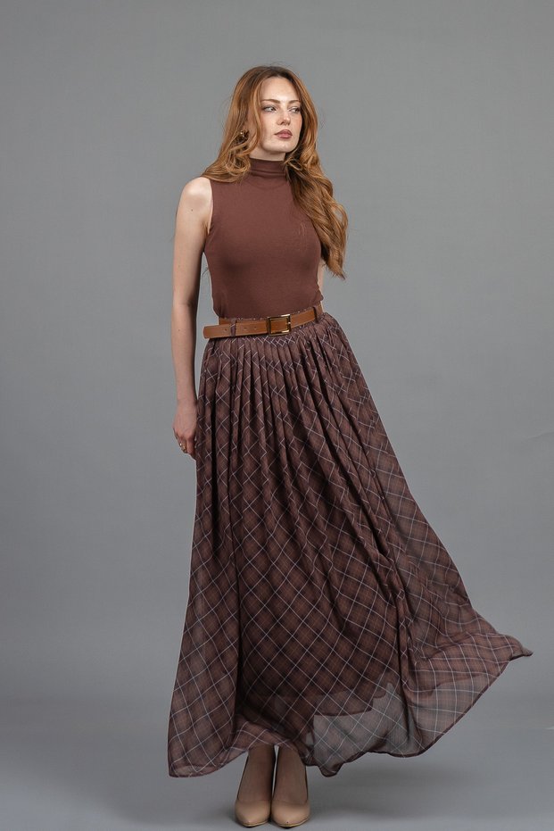 Women's Winter Brown Tulle Chiffon Lined Maxi Skirt Stylish Daily Comfortable 6857