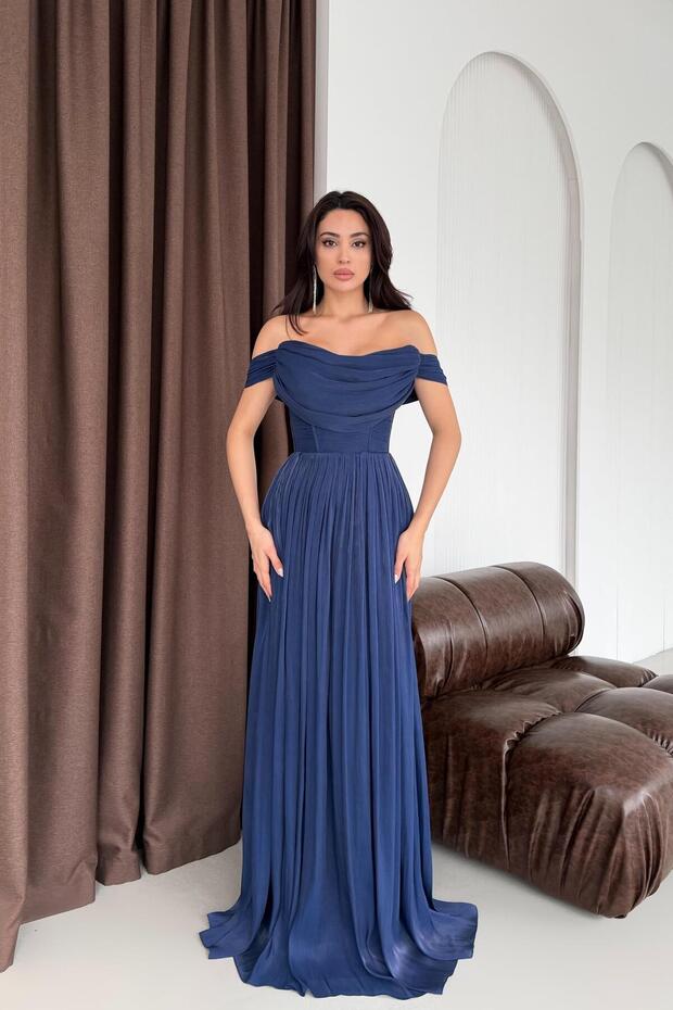 Navy Boat Neck Pleated Evening Dress