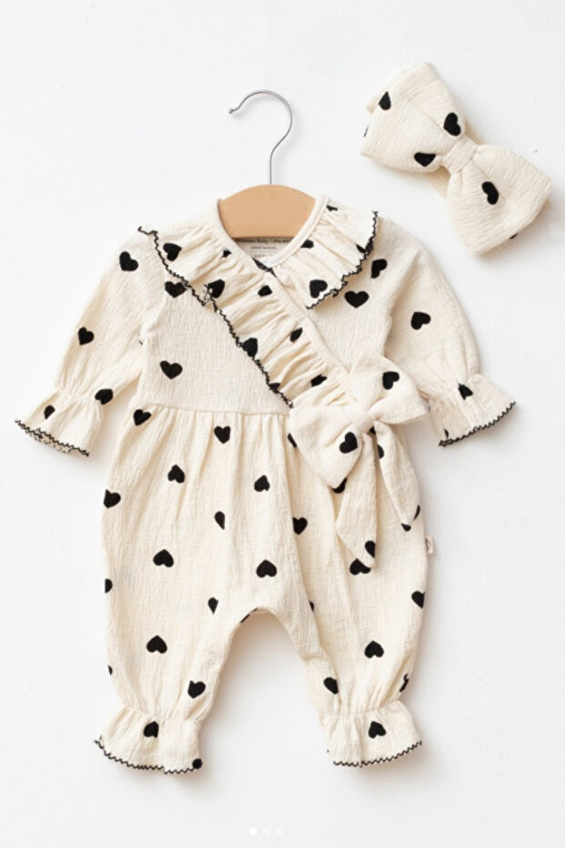 Baby Girl Heart Patterned Ruffle Muslin Jumpsuit Set