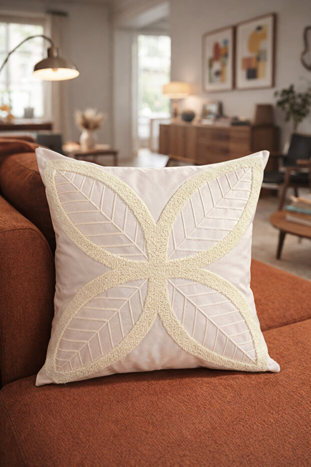 Punch Embroidered Throw Pillow Cover - 43*43 cm - 4 Leaf Cream - Pnk001
