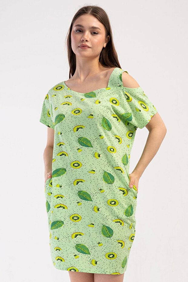 Women's Low Sleeve One Shoulder Patterned Green Nightgown Tunic C2T4N3804