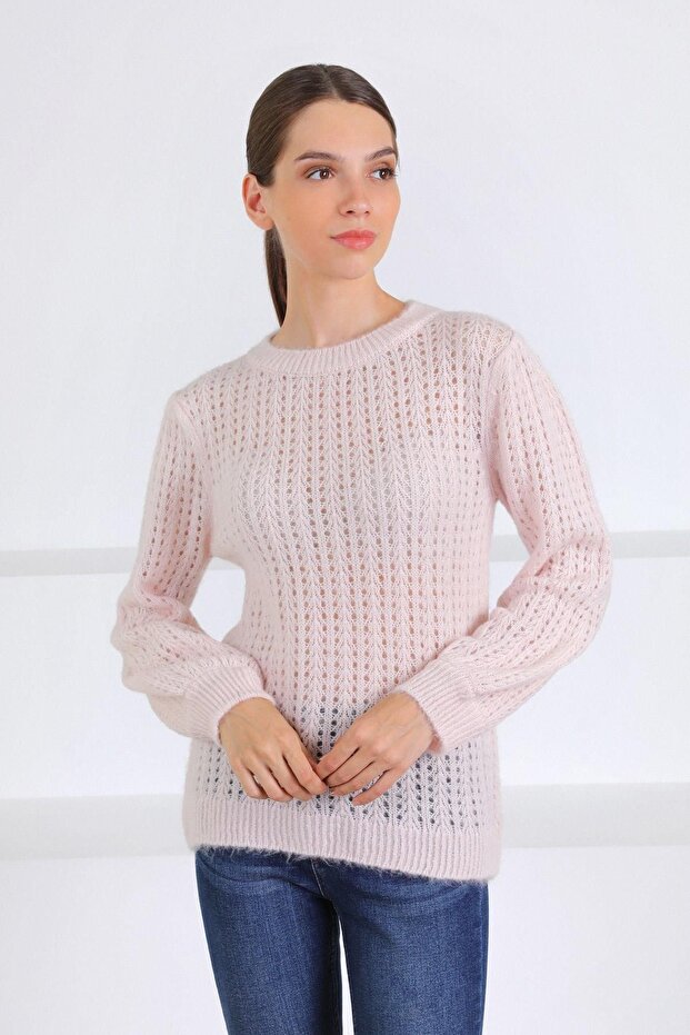 Pink Wool Blend Lace-Like Knit Knitted Women's Sweater