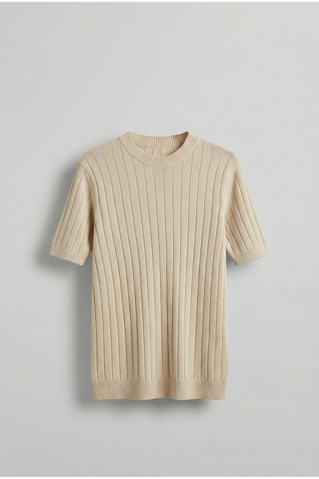 Men's Corded Fabric Short Sleeve Knitwear T-Shirt Dark Beige