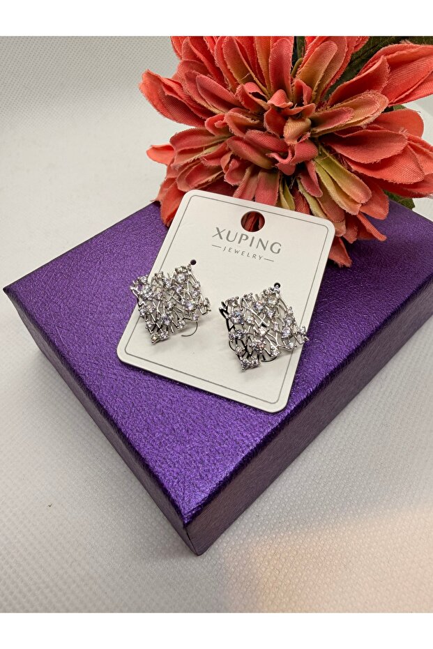 Zircon Stone Inlaced Woven Model Square Steel Earrings