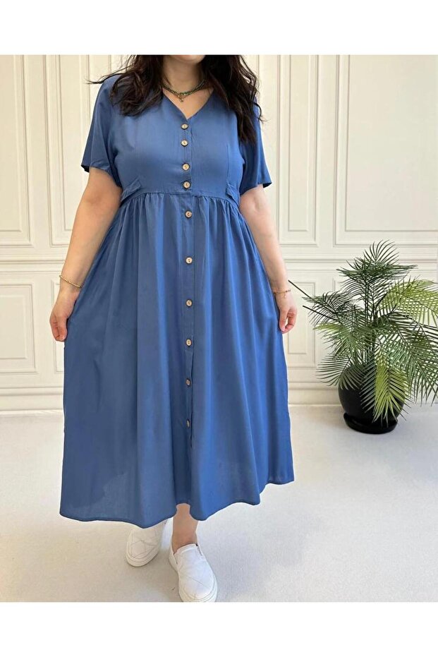 ÖNÜ DÜĞMELİ ELBİSE İNDİGO - 1