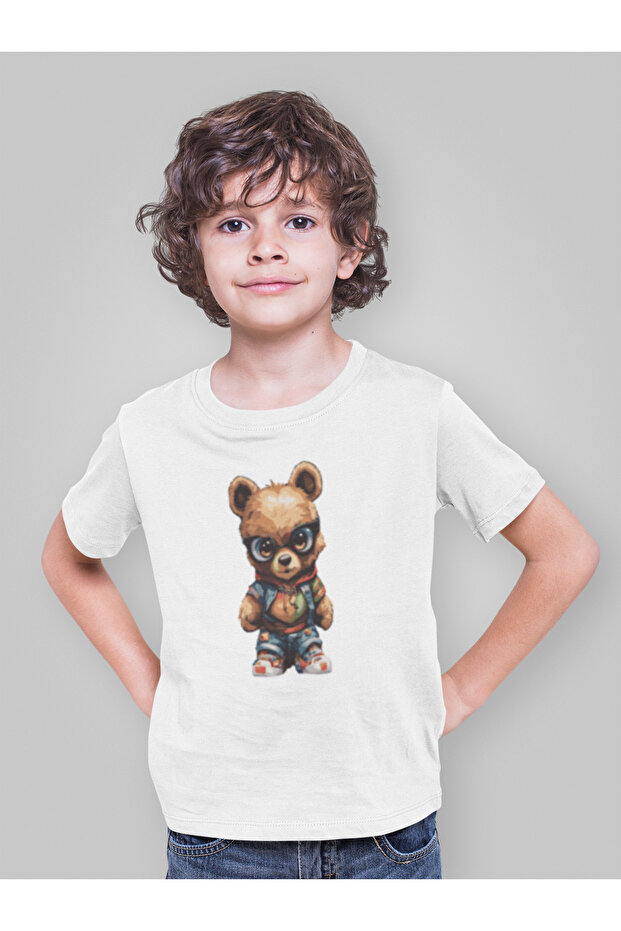 Bear Printed Cotton Crewneck Short Sleeve T-Shirt for Boys