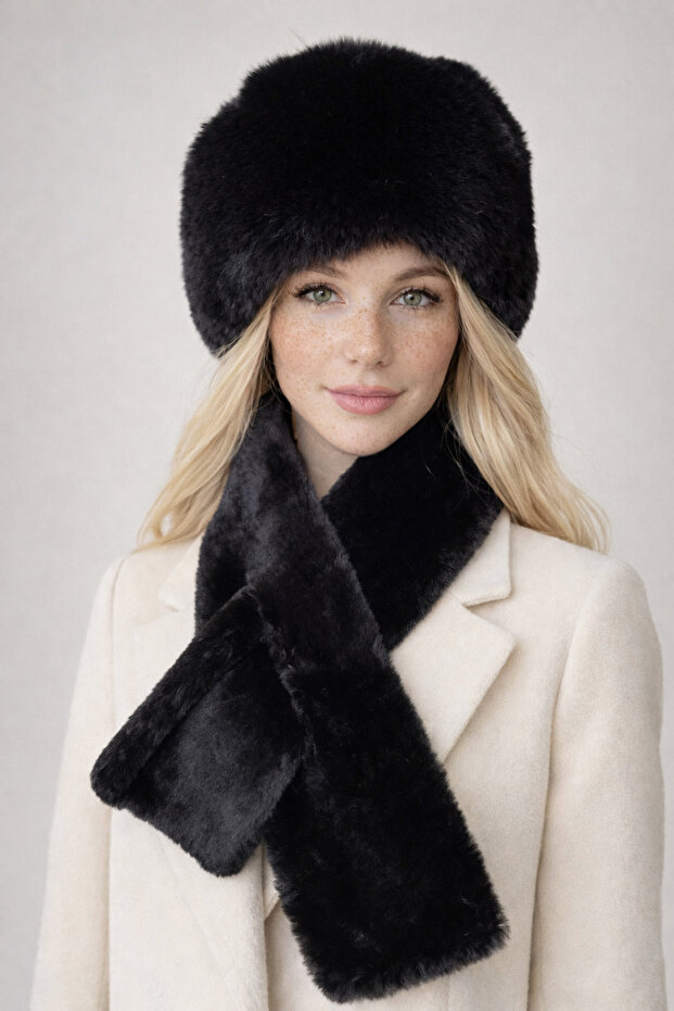 Hat and Scarf Black 2-Piece Set Plush Set - Hat Neck Collar Luxury Soft Winter