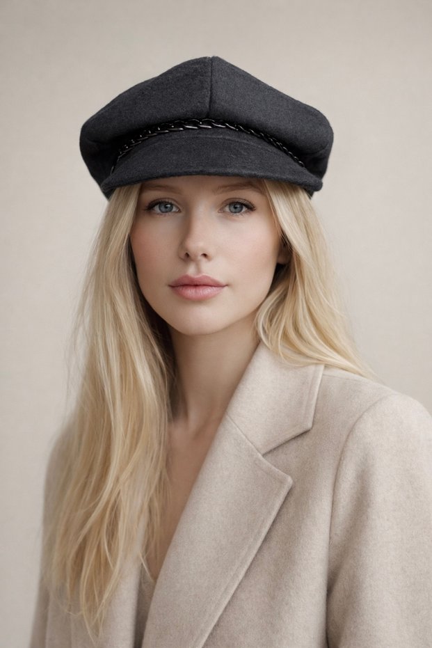Women's Cap Hat with Chain Detail - Stylish Captain's Cap with Chain Detail