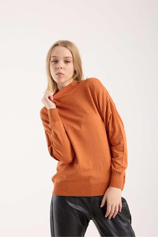 Kadın triko kazak yumuşak doku dik yaka basic - 3