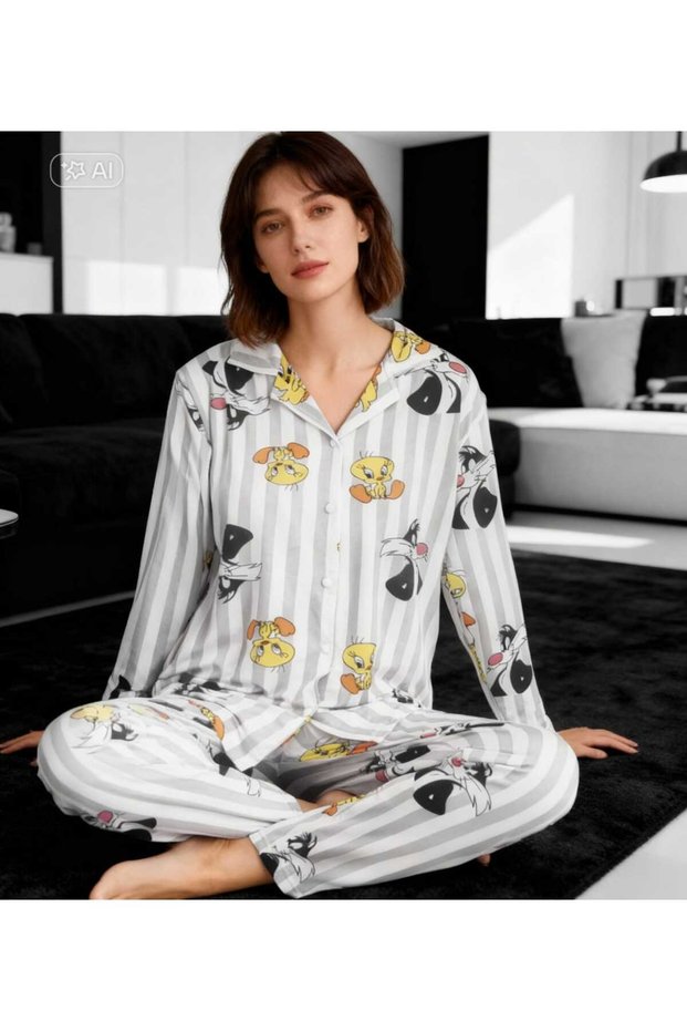 Tweety & Sylvester Themed Milan Fabric Gray and White Striped Women's Shirt Collar Pajama Set