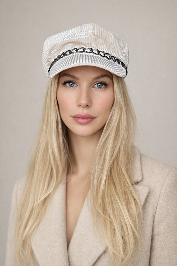 Women's Cap Hat with Chain Detail White - Velvet Brim Captain Style