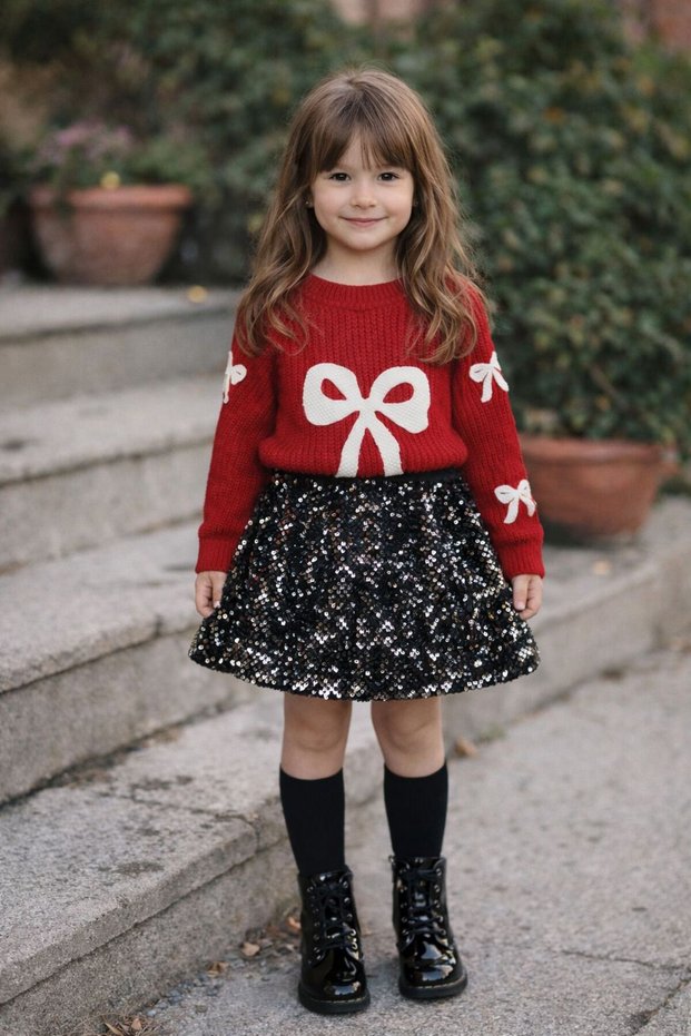 Girl's Sequined Skirt and Ribbon Detailed Knit Sweater, Set of 2