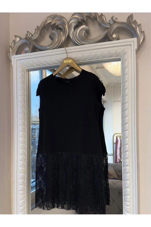 Dantel Pliseli İç Tunik - Siyah - 7