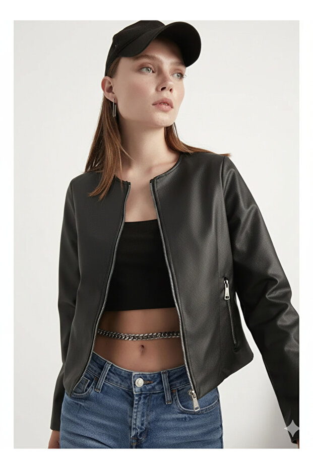 New Season Women's Black Plain Leather Jacket – Stylish Model Suitable for Daily Use