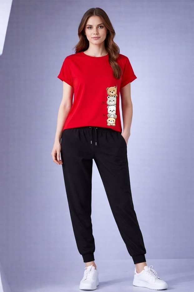 Genis Kesim Cotton T-Shirt and Tracksuit Set with Yandan Aycik Print