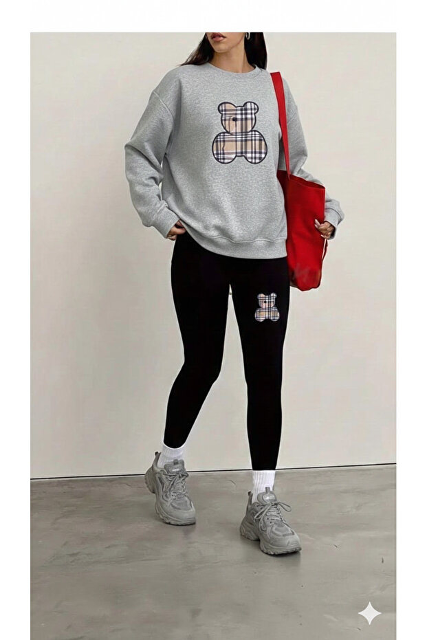 Women's Black Leggings - Gray Sweatshirt Set 2-Piece Combination Oversized Casual Boyfriend Style