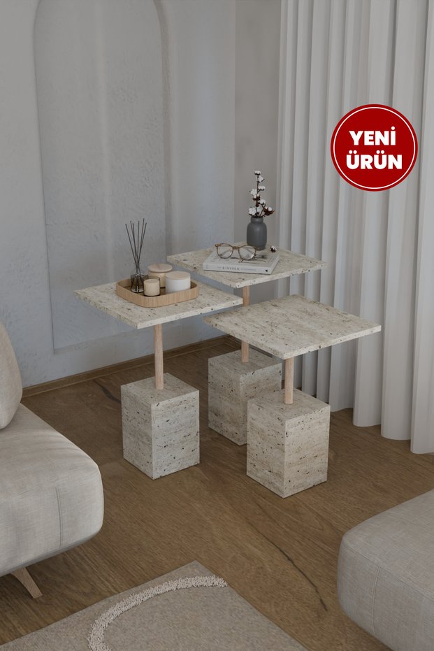 Edisam Iconic 3-Piece Zigon Coffee Table Side Table Service Table Wooden Body Travertine Pattern