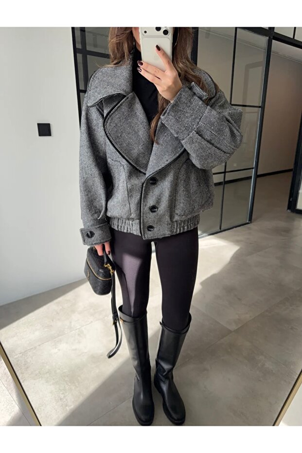 معطف بومبر رمادي أنثراسايت بنقشة جلد السمك - 3