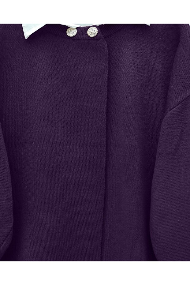 Yaka Düğmeli Salaş Triko Panço - Mor - 4
