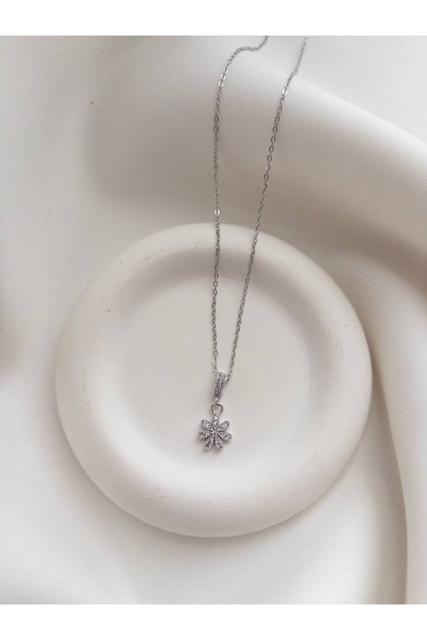 Flower Motif Necklace - Stone Daisy Necklace - Zircon Stone Flower Necklace - Steel Necklace